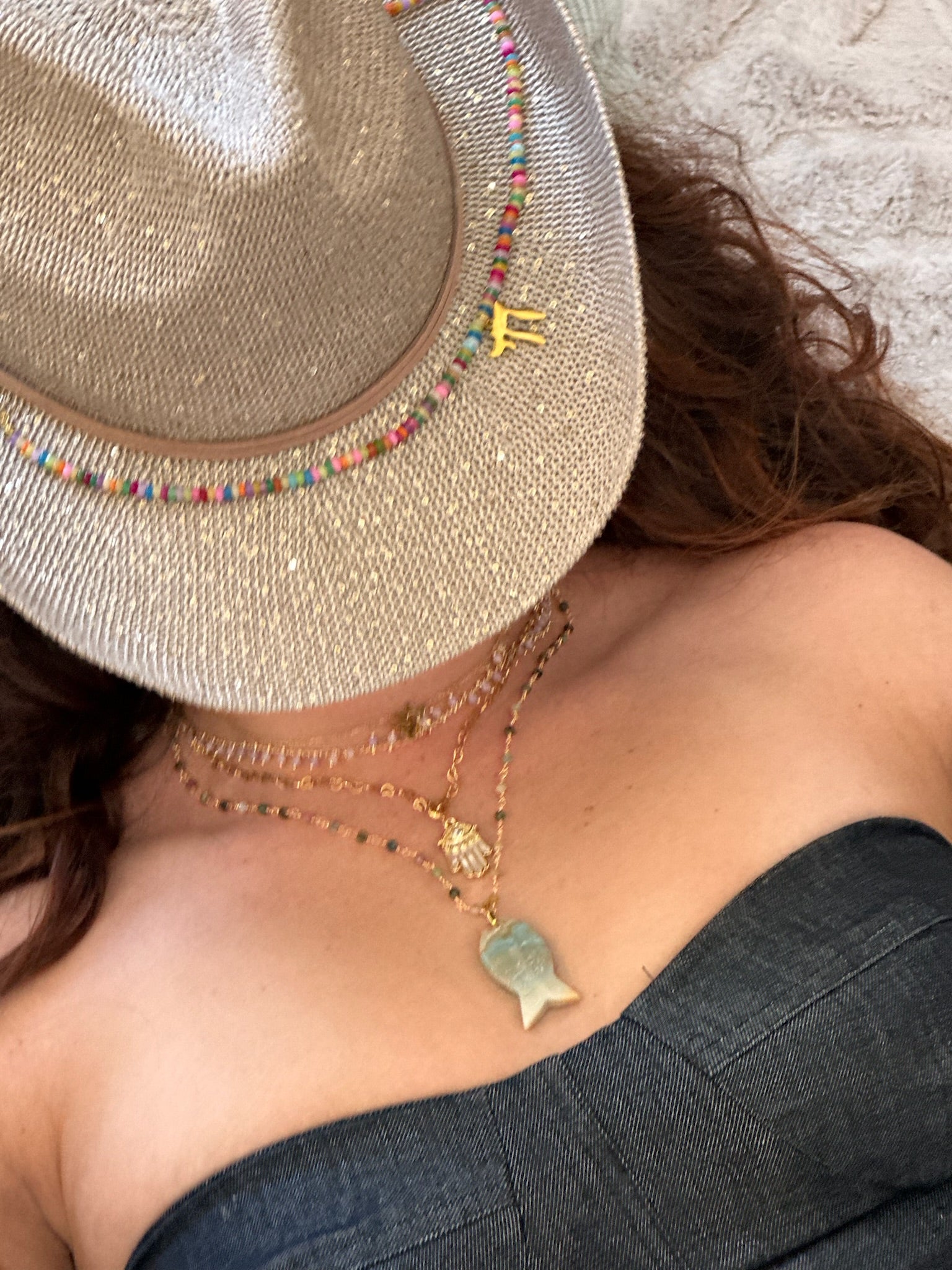 multicolored chai necklace and fish stone necklace